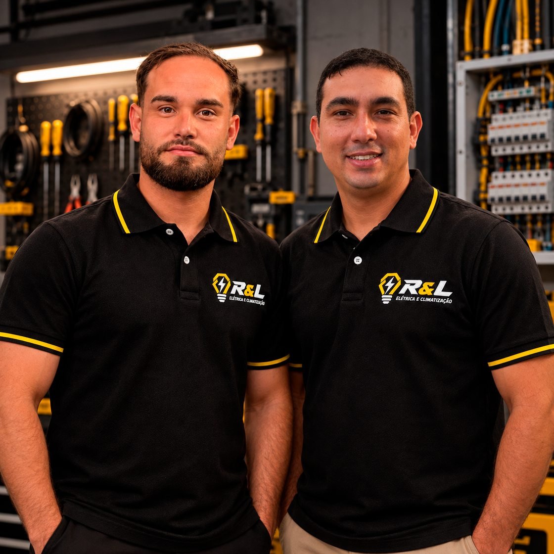 Rafael e Letierre, sócios da R&L Elétrica e Climatização, com o uniforme da empresa